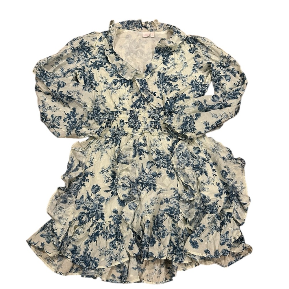 Gap X LoveShackFancy Blue White Floral Ruffle Trim Smocked Mini Dress M NWOT